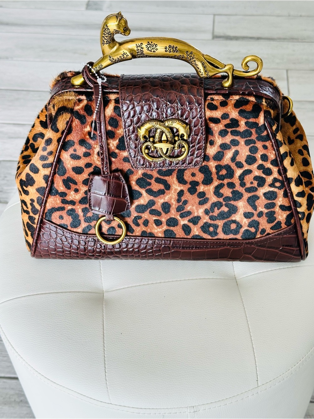 Sharif Leopard Print Satchel with Brown Croc Trim and Gold Cougar Handle